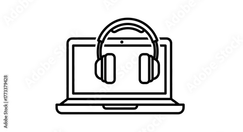Laptop with headphones outline icon