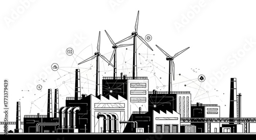 Industrial factory with wind turbines and network connections