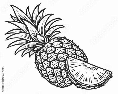Illustration of a pineapple with detailed crown and textured skin and a slice on a white background created with generated ai