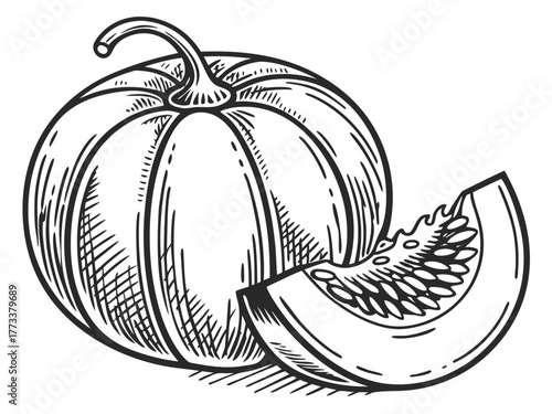 Illustration of a pumpkin with a slice showing seeds in black and white drawing style detailed design created with generated ai