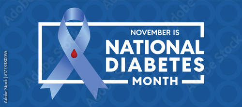 National diabetes Month - Text and blue ribbon with drop red sign in white line frame on blue background vector design