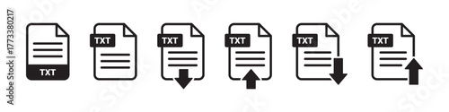TXT file icons with download and upload arrows, representing plain text file management, transfer, and digital content sharing
