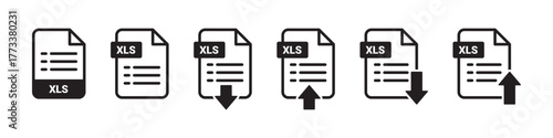 XLS file icons with download and upload arrows, representing spreadsheet file management, transfer, and data sharing