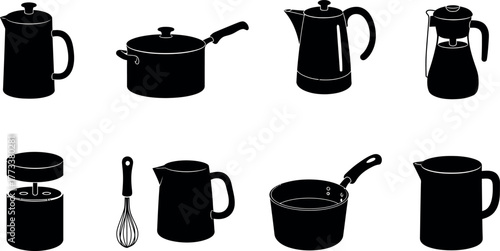 Set of black silhouettes of drinks, wine bottles, and black and white kitchen cookware like a metal pan and steel casserole with a lid