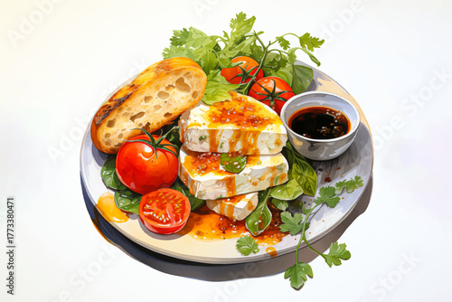 breakfast plate with cheese, toast, soy sauce, vegetables, and tomatoes vector illustration on white isolated background for healthy food and morning meal concept