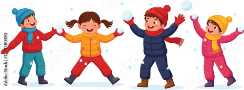 Cartoon kids playing in snow, winter clothing and snowball fight scene, cheerful seasonal vector illustration for children’s activity and holiday themes