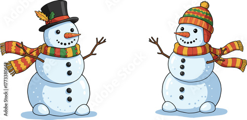 Cartoon snowman duo in winter attire, festive vector illustration with top hat, knit cap, and striped scarves for holiday and seasonal themes