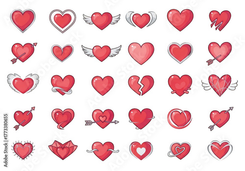 Collection of diverse pink and red hearts on a black background