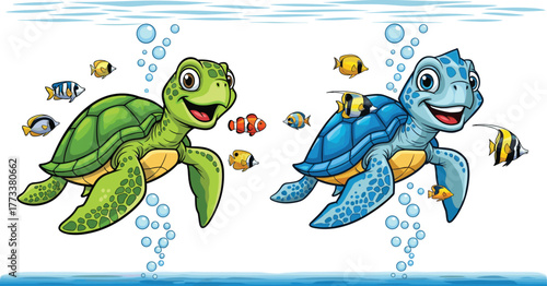 Cartoon sea turtles swimming underwater with colorful fish, cheerful ocean scene vector illustration for kids, marine life and aquatic design
