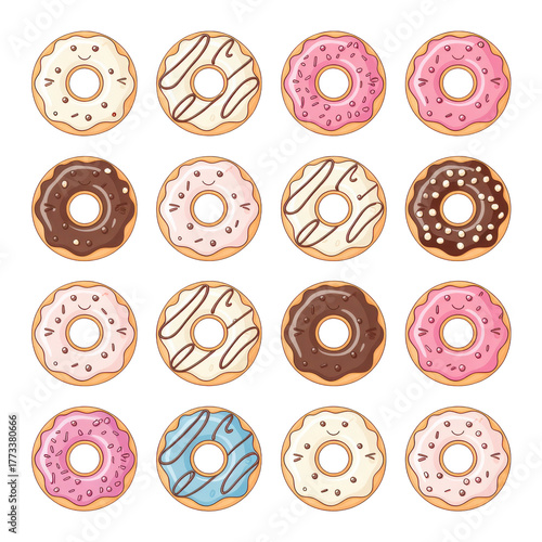 Cute cartoon donut collection illustration isolated on transparent background