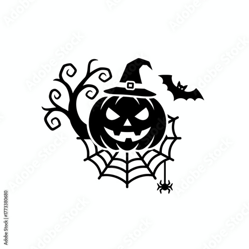 "BOO!" Halloween graphic design with cute ghost peeking over the text, spider web, and bats. Black and white vector illustration.