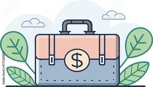 Modern briefcase icon with dollar sign and leaves offers a fresh financial perspective, symbolizing growth and prosperity in business, originally a vector graphic