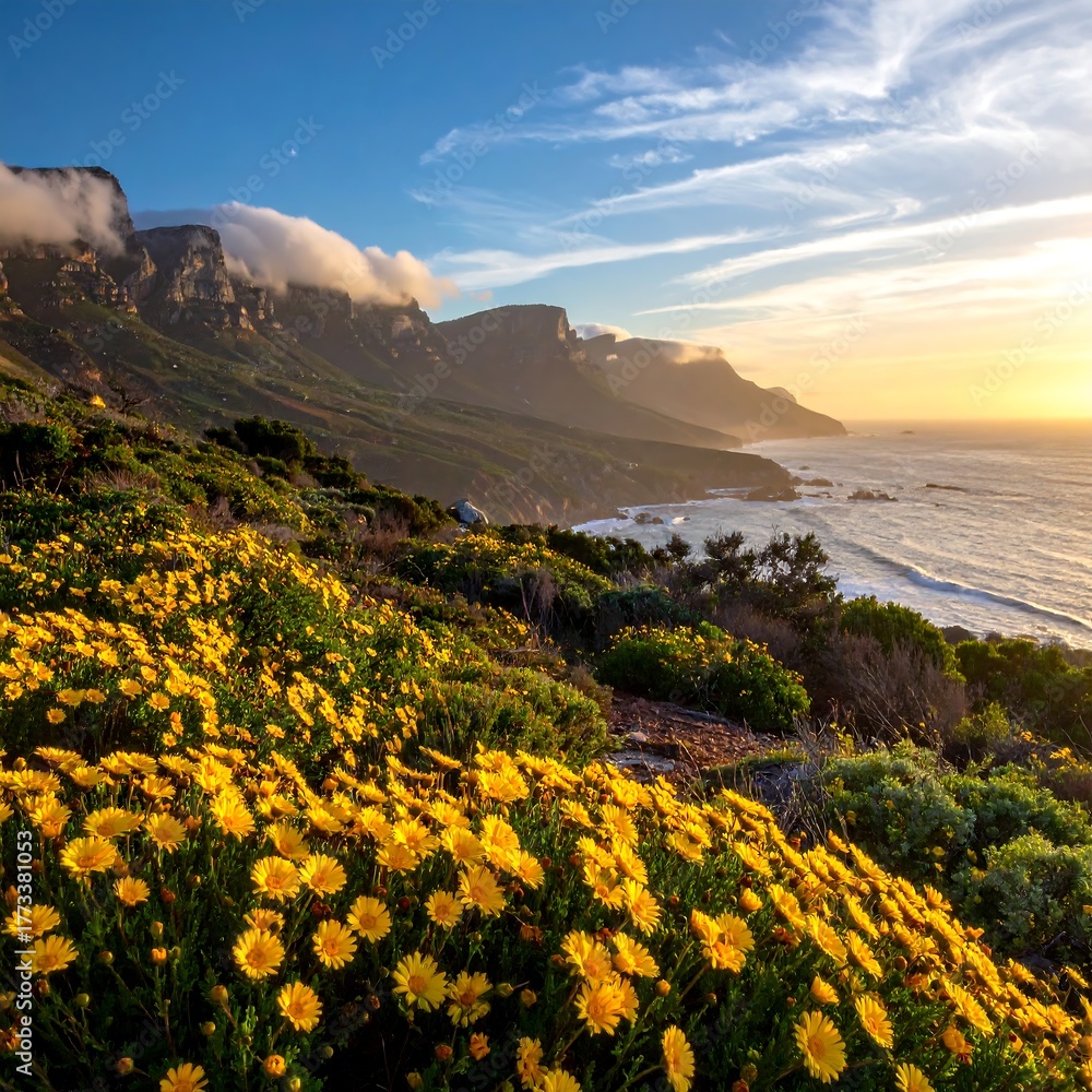 Fototapeta premium Scenic coastal landscape with blooming yellow flowers & mountains at sunset