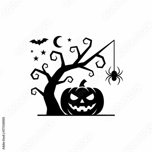 Halloween Night Silhouette Design: Jack-o'-Lantern, Spooky Tree, Witch Hat, and Bat Flying Against the Moon.