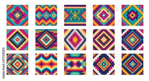 Vibrant collection 15 colorful geometric patterns in grid layout, featuring diamond shapes, zigzags, and stripes in southwestern or tribal aesthetic, isolated on