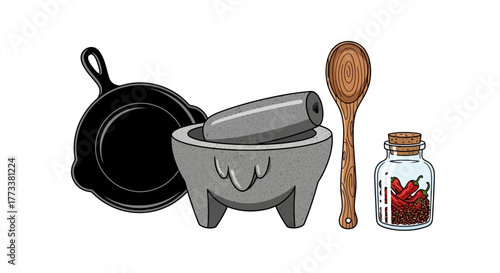 Collection kitchen tools including cast iron skillet, stone mortar and pestle, wooden spoon, and small jar chili peppers
