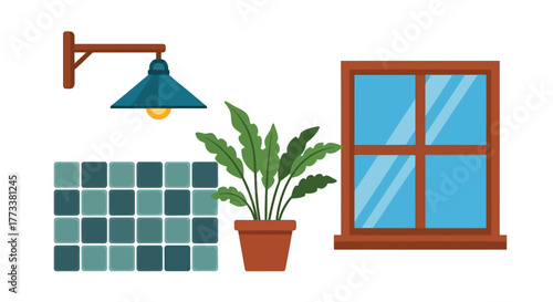 An interior scene featuring wall lamp, tiled wall, potted houseplant, and wooden window frame