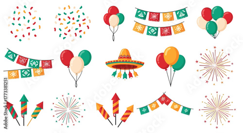 Assortment mexican party decorations featuring confetti, balloons, papel picado banners, fireworks, and sombreros