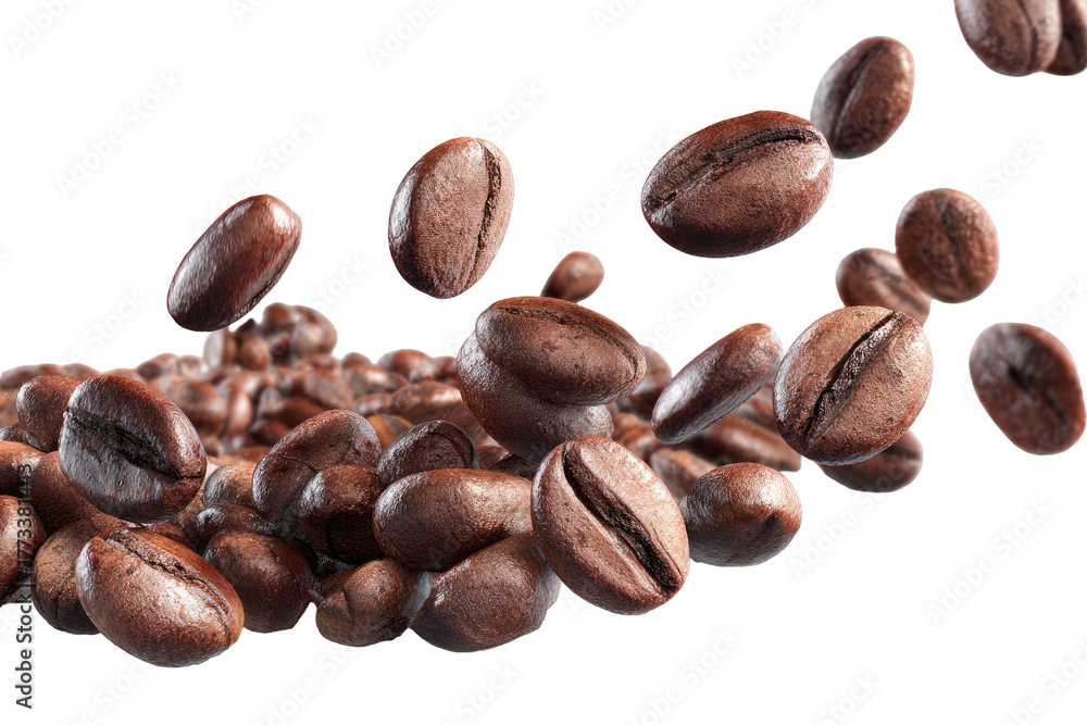 Naklejka premium Roasted coffee beans cascade against a dark background