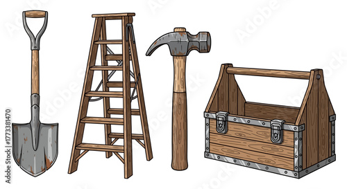 Set vintage construction and diy tools, including shovel, wooden ladder, hammer, and toolbox, isolated on