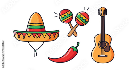 Vibrant collection mexican cultural symbols including sombrero, maracas, red chili pepper, and an acoustic guitar, representing fiesta, celebration, and traditional music, isolated on