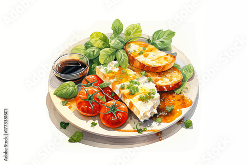 breakfast plate with cheese, toast, soy sauce, vegetables, and tomatoes vector illustration on white isolated background for healthy food and morning meal concept