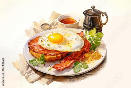 breakfast with toast, fried eggs, bacon, vegetables, and coffee on a plate for morning food and restaurant concept