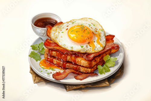 breakfast with toast, fried eggs, bacon, vegetables, and coffee on a plate for morning food and restaurant concept