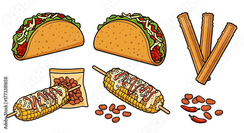 Collection mexican food items including tacos, elote, churros, and beans