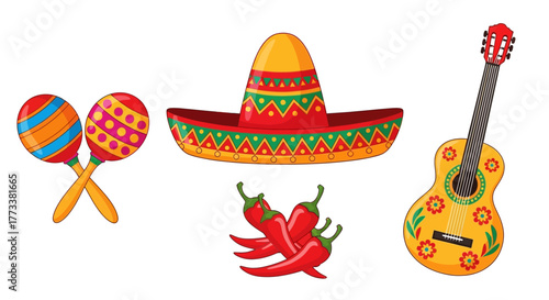 Vibrant collection mexican cultural symbols including sombrero, maracas, guitar, and chili peppers