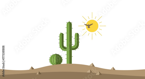 Single saguaro cactus stands tall in dry desert landscape under bright sun with bird flying overhead