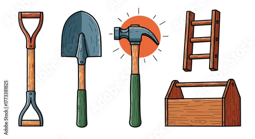 Set construction and diy tools including shovel, spade, hammer, ladder, and toolbox