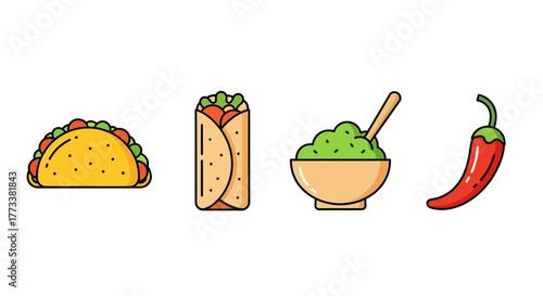 Vibrant assortment mexican food icons taco, burrito, bowl guacamole, and red chili pepper, arranged in row on