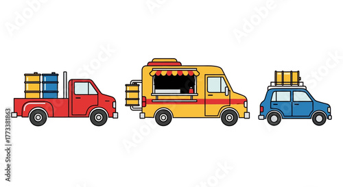 Red pickup truck with barrels, yellow food truck, and blue car with luggage on roof
