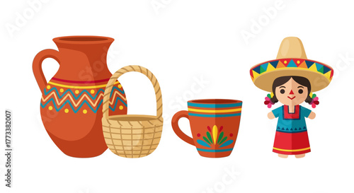 Still life arrangement traditional mexican pottery, woven basket, decorative mug, and doll wearing sombrero