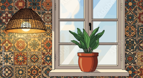 Cozy interior scene with window overlooking the sky, potted green plant on the windowsill, and decorative pendant lamp hanging from the ceiling, with colorful patterned tiles on the wall