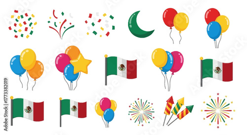 Assortment mexican flags, balloons in various colors, confetti, fireworks, and crescent moon, isolated on for festive occasions