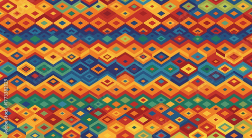 Vibrant, colorful abstract geometric pattern composed repeating diamond shapes in mosaic style, creating textured