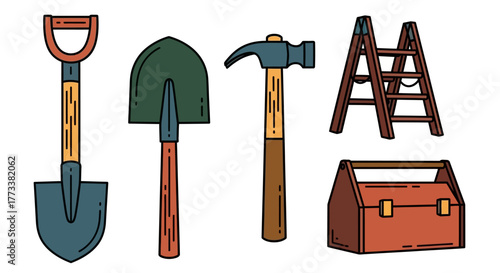 Set construction and diy tools including shovels, hammer, ladder, and toolbox