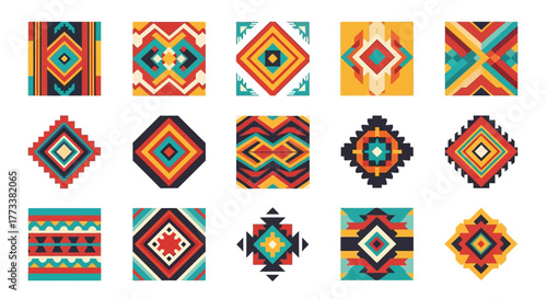 Collection fifteen colorful, geometric, abstract patterns in southwestern or native american style, featuring diamond shapes and zigzag lines