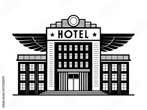 Contemporary Hotel Vector Emblem

A stylized, flat black and white vector emblem depicting a modern hotel. Balanced, symmetrical design with a rectangular main body and side wings. “HOTEL” displayed a