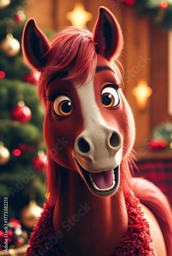 A charming New Year's fire horse with bright, expressive eyes against a warm and cozy Christmas background creates a sense of festive energy and movement.