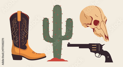 Western cowboy boot, saguaro cactus, and skull with pistol