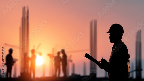Wallpaper Mural Construction worker looking at plans during sunset Torontodigital.ca