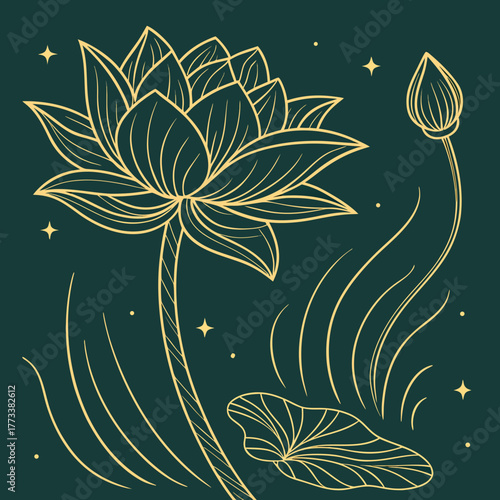 Elegant golden lotus flower illustration with stars on dark background
