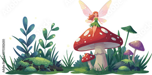 Whimsical fairy sitting on mushroom, magical forest scene with glowing lights, fantasy foliage, colorful mushrooms, enchanted nature, vibrant vector illustration, dreamy atmosphere