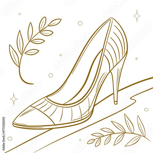 Elegant high heel shoe with foliage line art illustration elegant