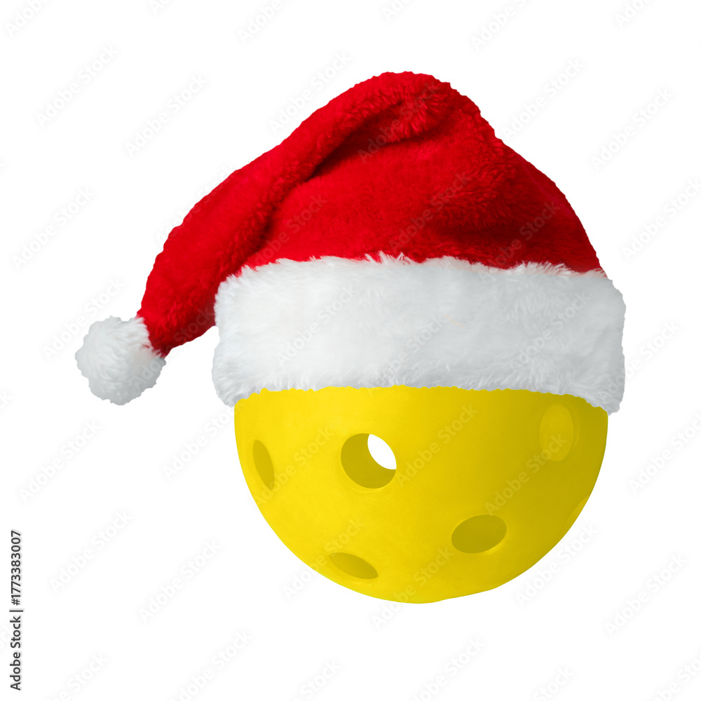 Obraz premium Festive yellow pickleball ball wearing a Santa Hat representing holiday spirit.