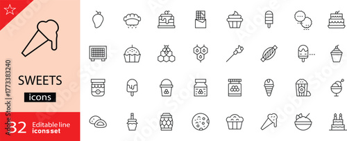 Sweets icons set. Includes symbols of candies, chocolates, cupcakes, desserts, and sugar treats. Editable stroke. Vector illustration. Outline icons. Perfect for food and bakery. 