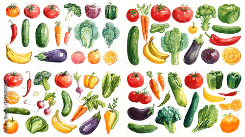 Watercolor illustration set of fresh vegetables and fruits including tomato, carrot, broccoli, and banana. Organic healthy food design for nutrition, cooking, and eco packaging projects.